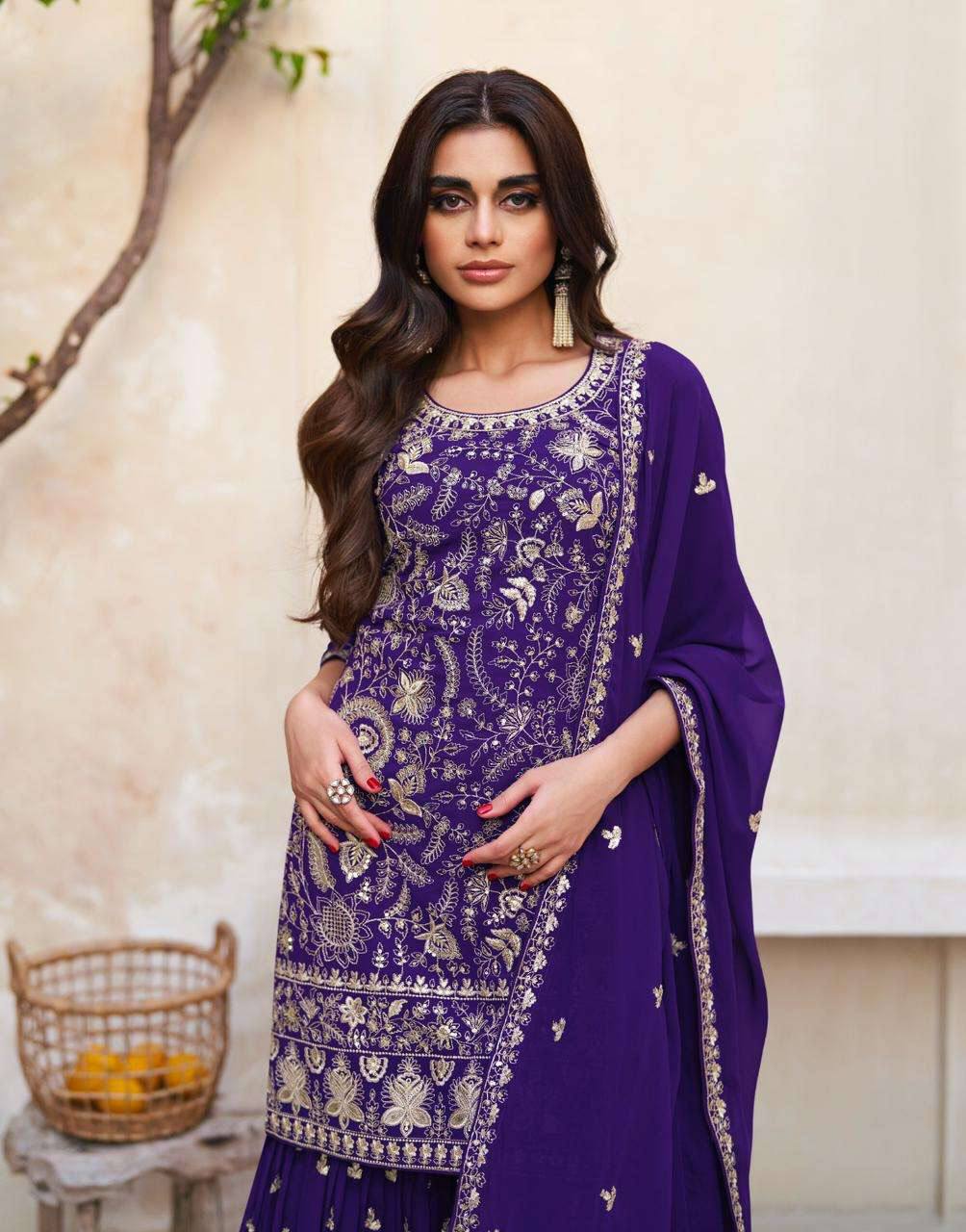 Royal Blue Embroidered Georgette Kurta Set