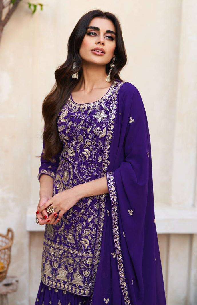 Royal Blue Embroidered Georgette Kurta Set