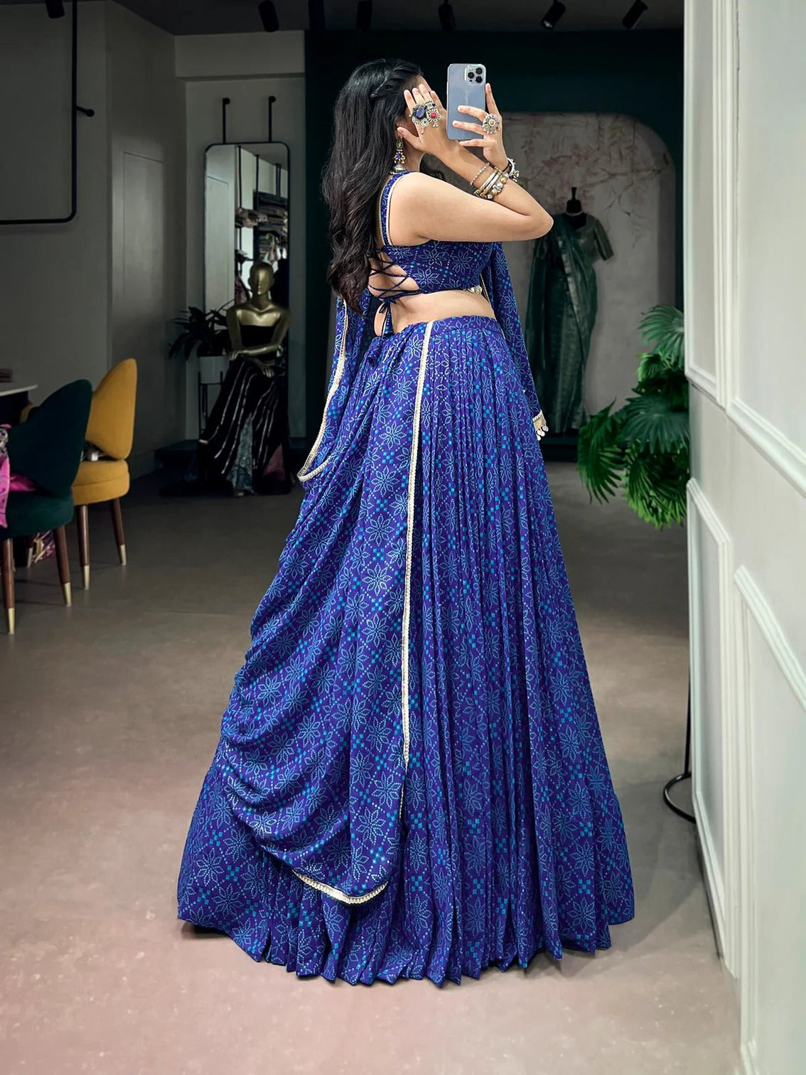 Royal blue bandhej lehenga choli for navratri garba