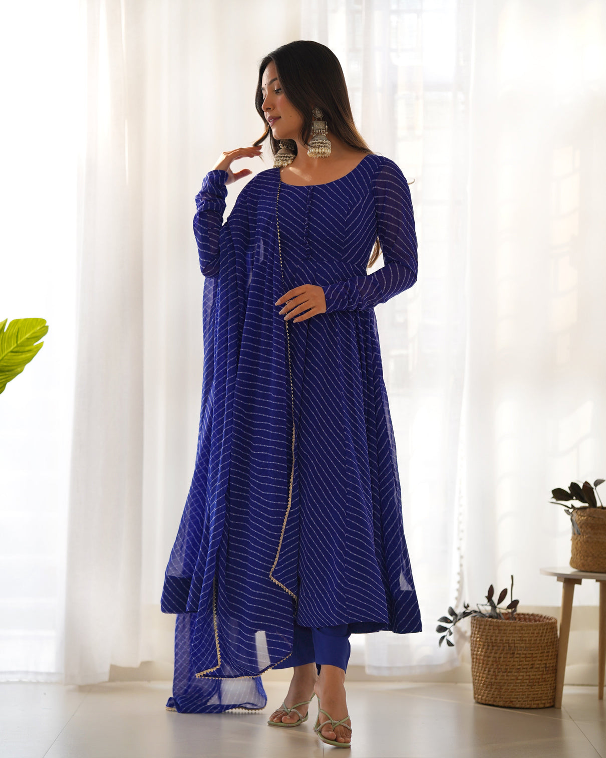 Royal Blue High-End Pure Fox Georgette Laheriya Print Anarkali Set with Dupatta – Perfect for Summer Weddings