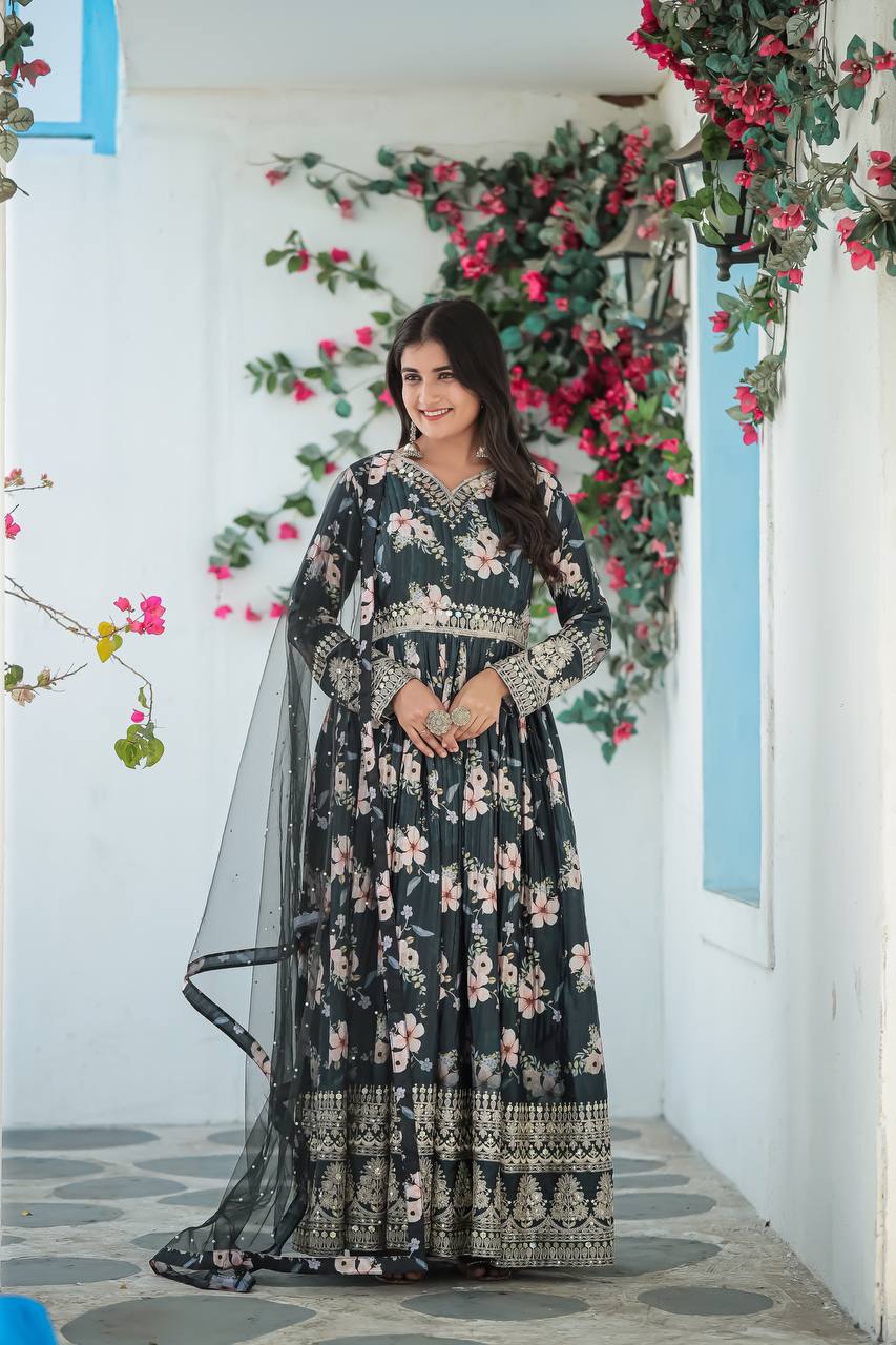 Royal Blue Premium Designer Chinon Silk Printed Gown with Sequence Work