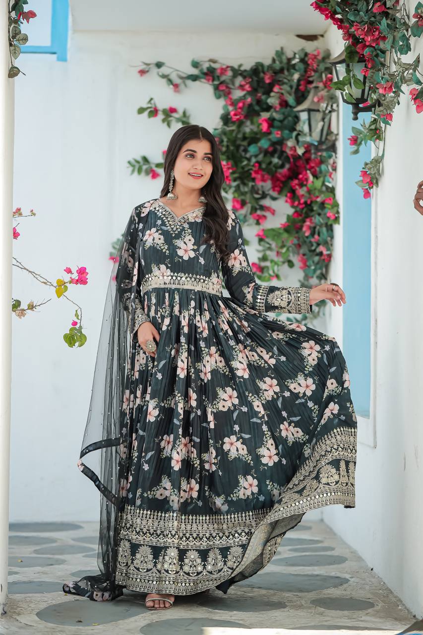Royal Blue Premium Designer Chinon Silk Printed Gown with Sequence Work