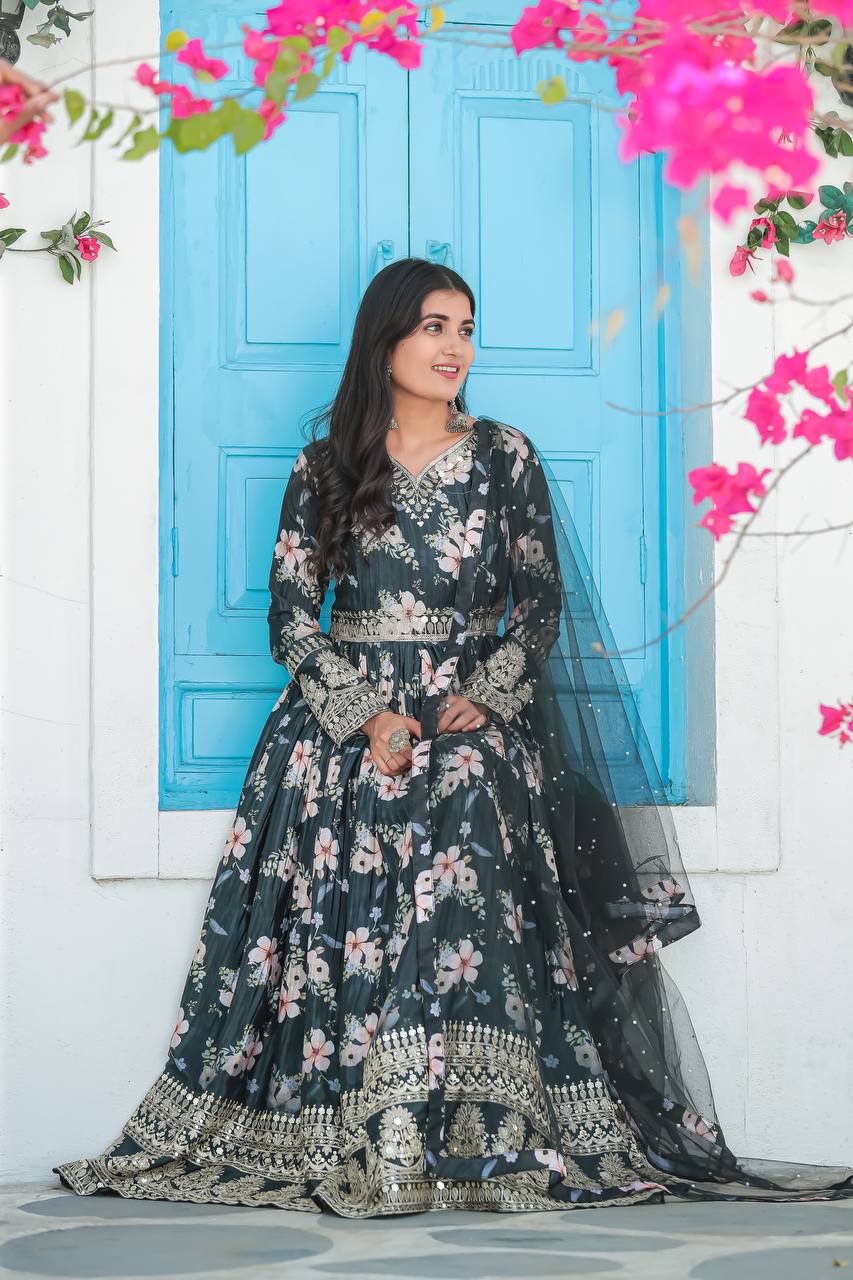 Royal Blue Premium Designer Chinon Silk Printed Gown with Sequence Work