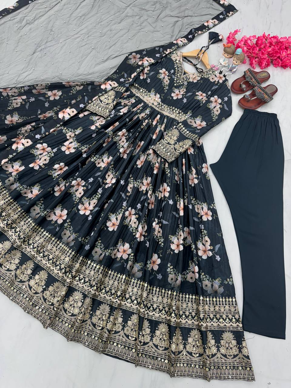 Royal Blue Premium Designer Chinon Silk Printed Gown with Sequence Work