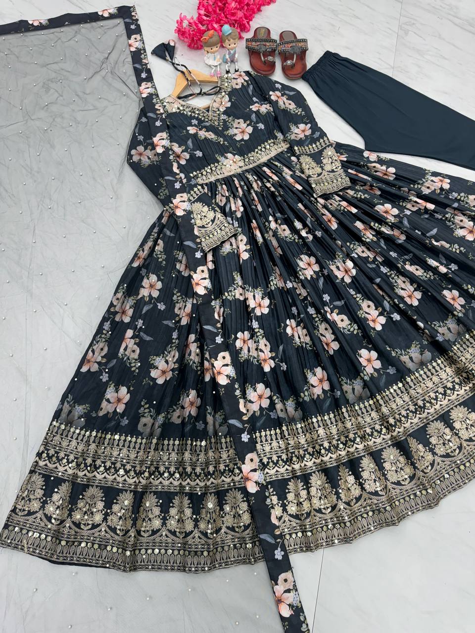 Royal Blue Premium Designer Chinon Silk Printed Gown with Sequence Work