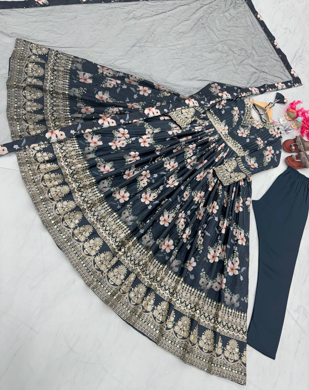 Royal Blue Premium Designer Chinon Silk Printed Gown with Sequence Work