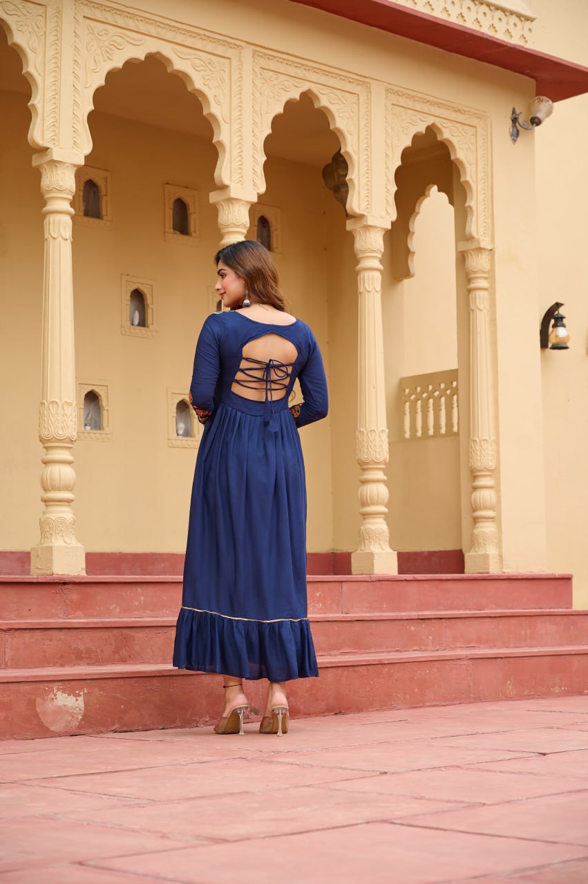 Royal Blue Reyon Kurti with Kutchi Gamthi Work