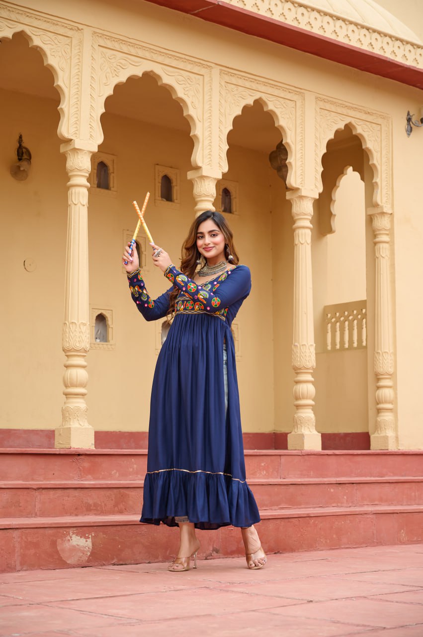 Royal Blue Reyon Kurti with Kutchi Gamthi Work