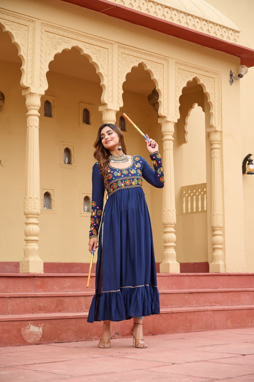 Royal Blue Reyon Kurti with Kutchi Gamthi Work