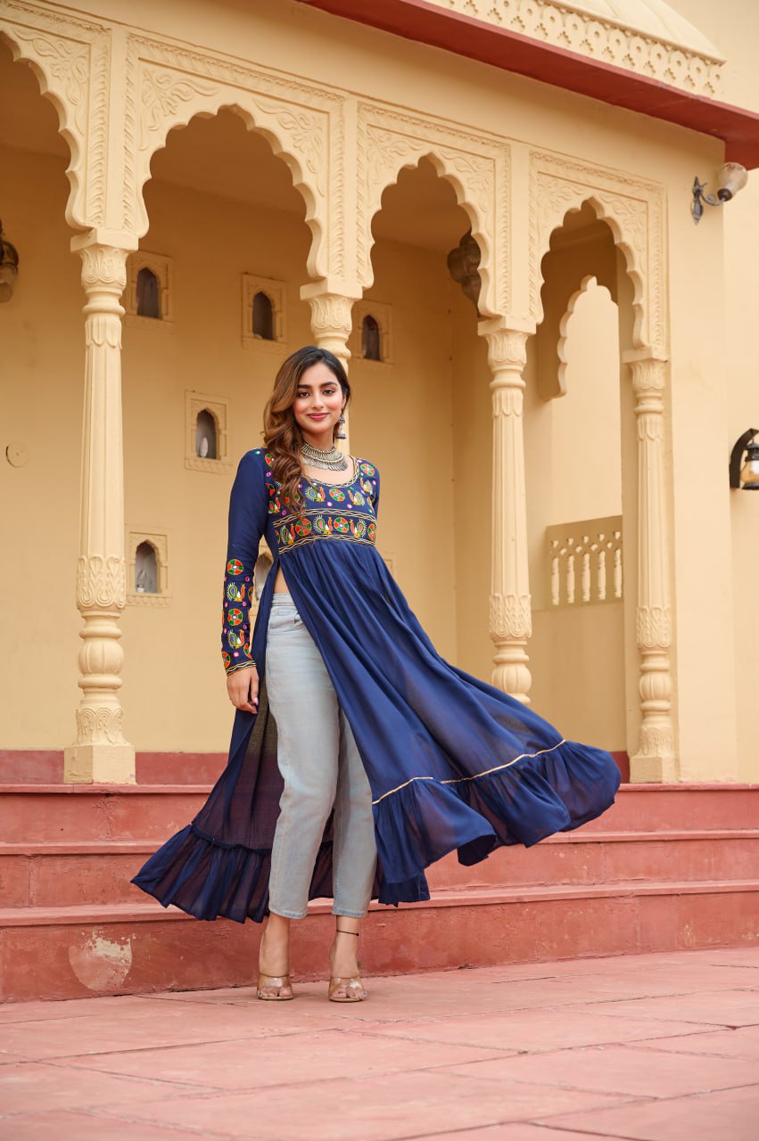 Royal Blue Reyon Kurti with Kutchi Gamthi Work