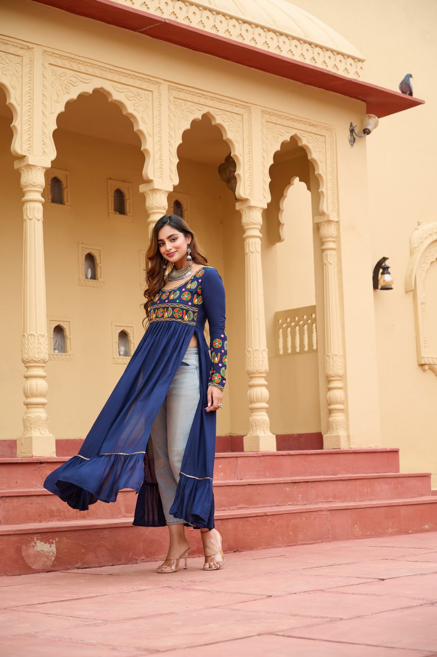 Royal Blue Reyon Kurti with Kutchi Gamthi Work
