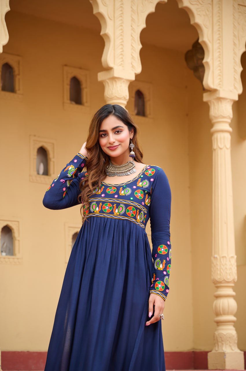 Royal Blue Reyon Kurti with Kutchi Gamthi Work