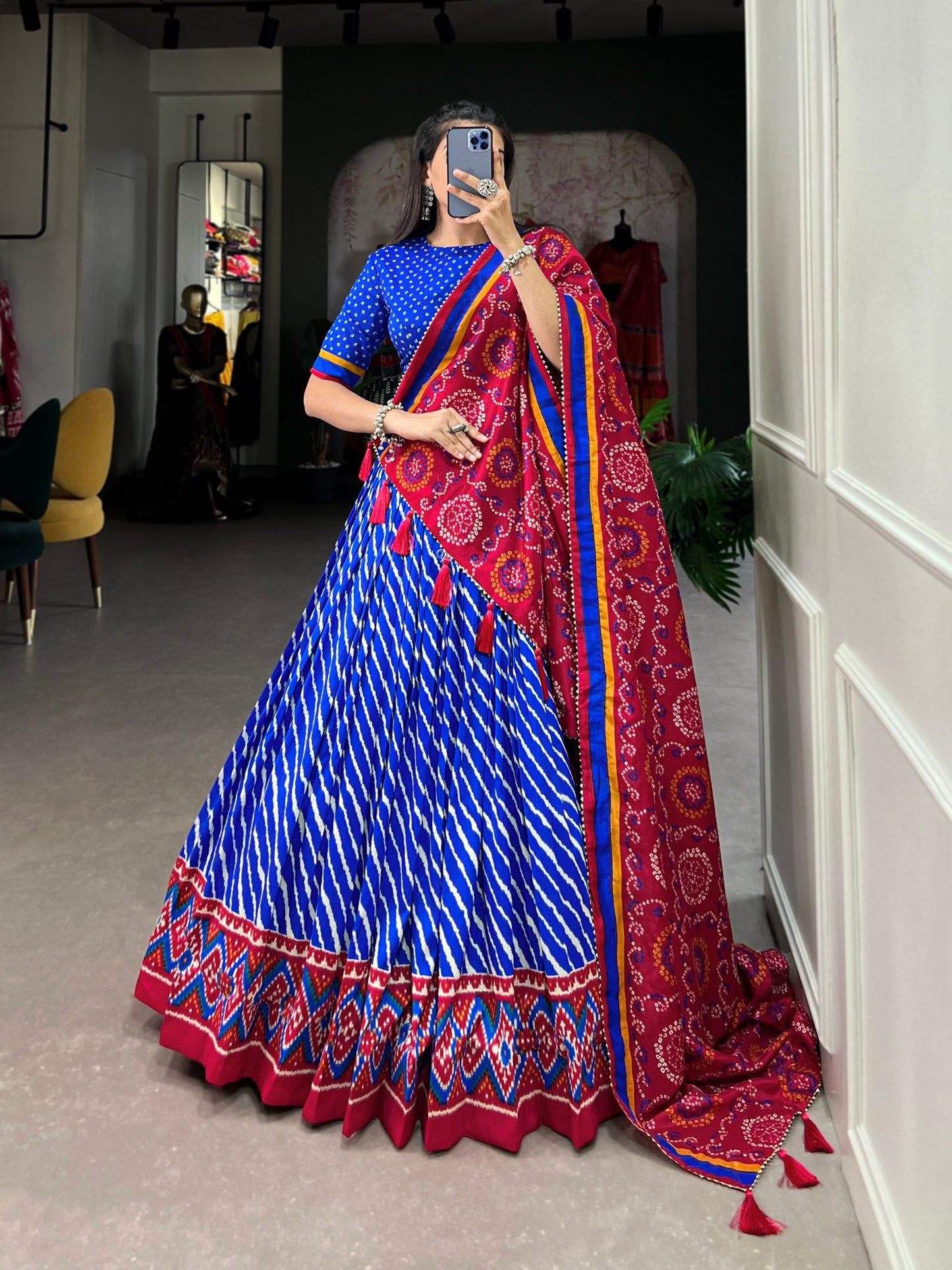 Royal Blue Tussar Silk Lehenga Choli with Leheriya Print, Patola Border & Bandhani Dupatta