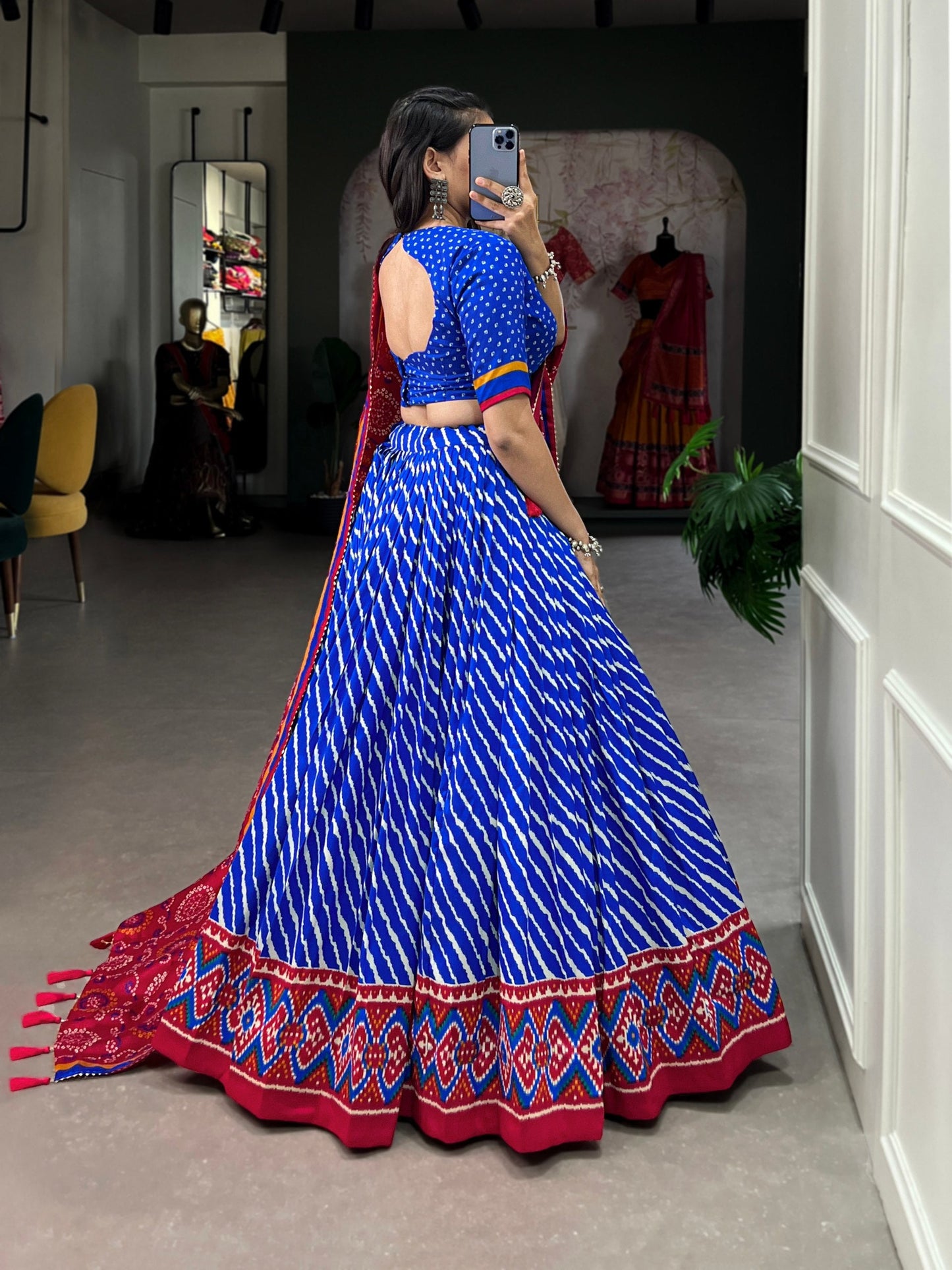 Royal Blue Tussar Silk Lehenga Choli with Leheriya Print, Patola Border & Bandhani Dupatta