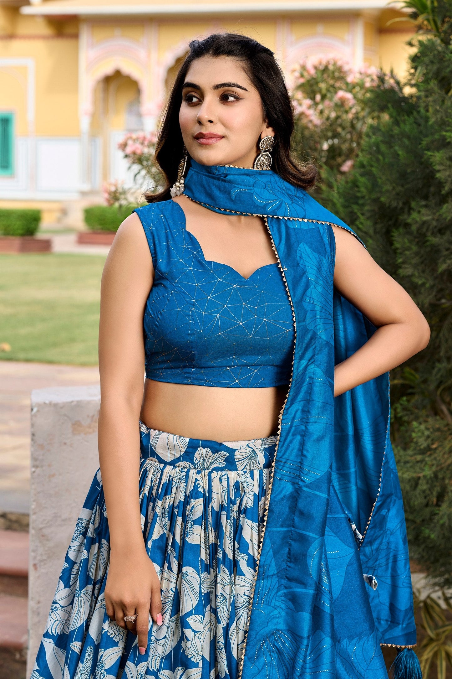 Royal Blue Tussar Silk Printed Lehenga Choli with Foil Work