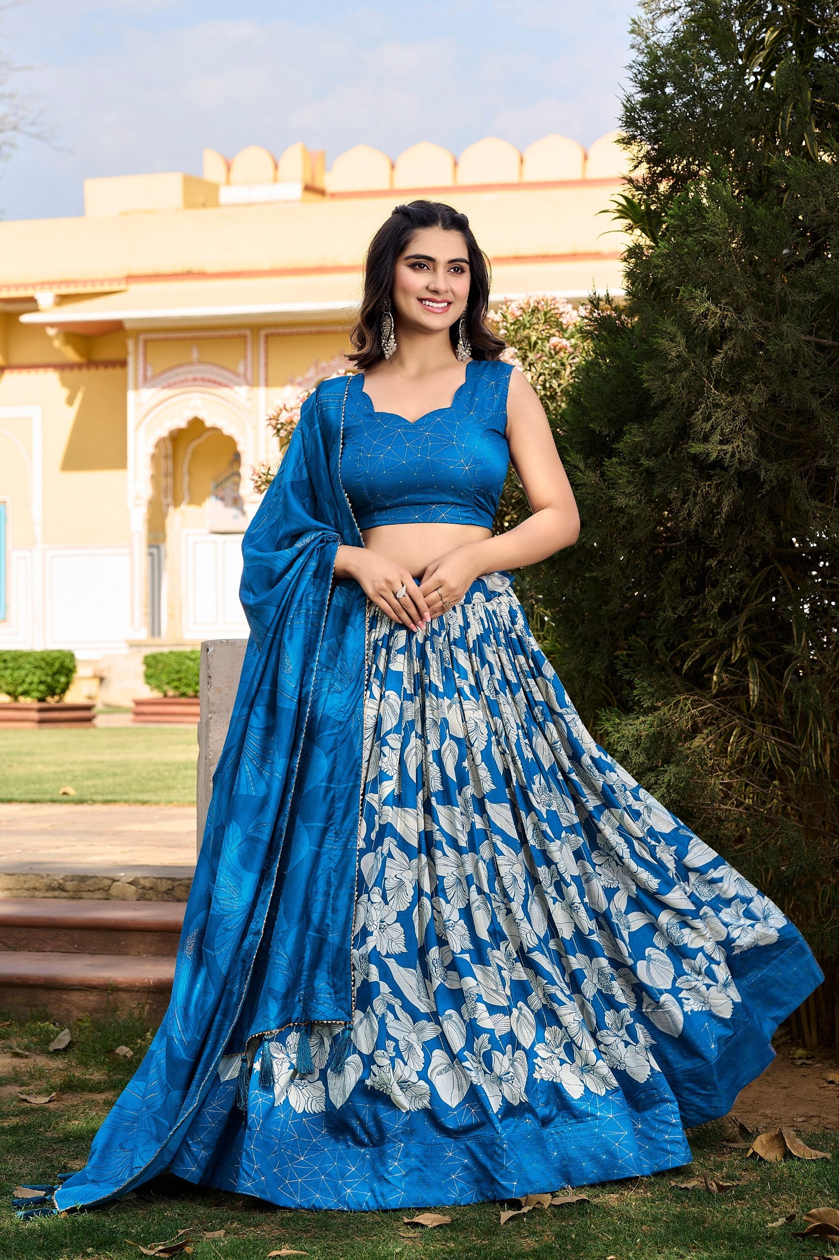 Royal Blue Tussar Silk Printed Lehenga Choli with Foil Work