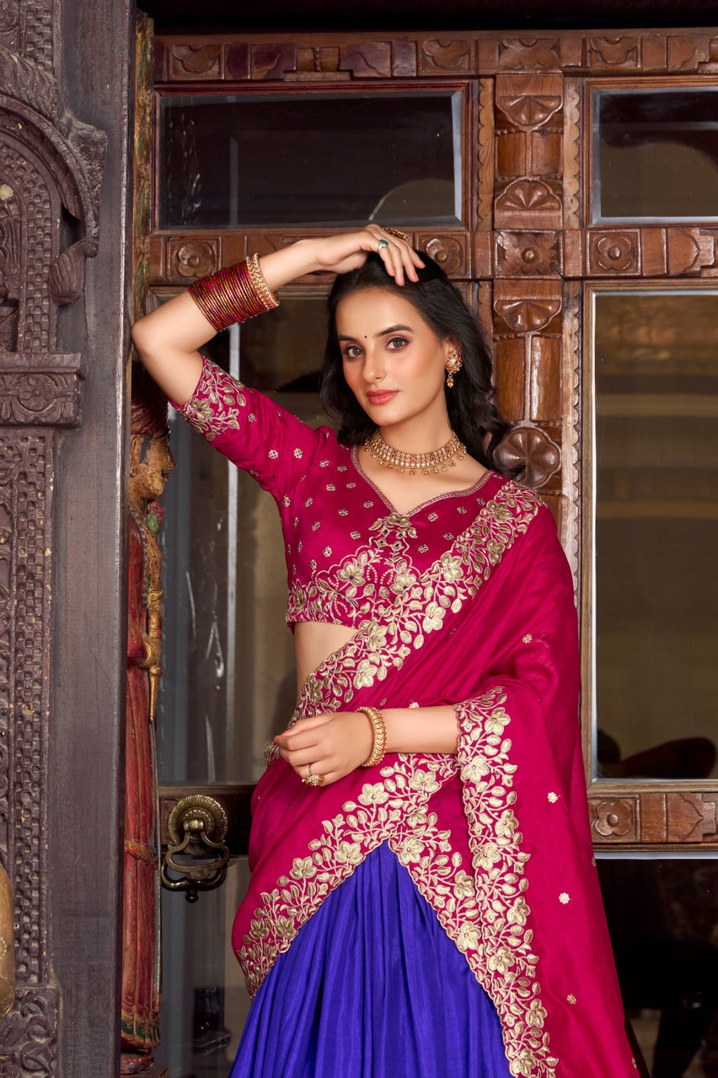 Royal Blue Tussar Silk Printed Lehenga Set with Embroidered Vichitra Silk Blouse & Dupatta