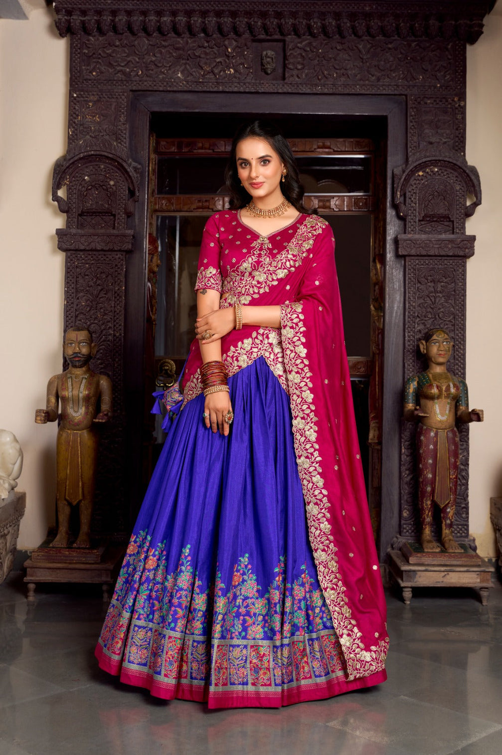Royal Blue Tussar Silk Printed Lehenga Set with Embroidered Vichitra Silk Blouse & Dupatta