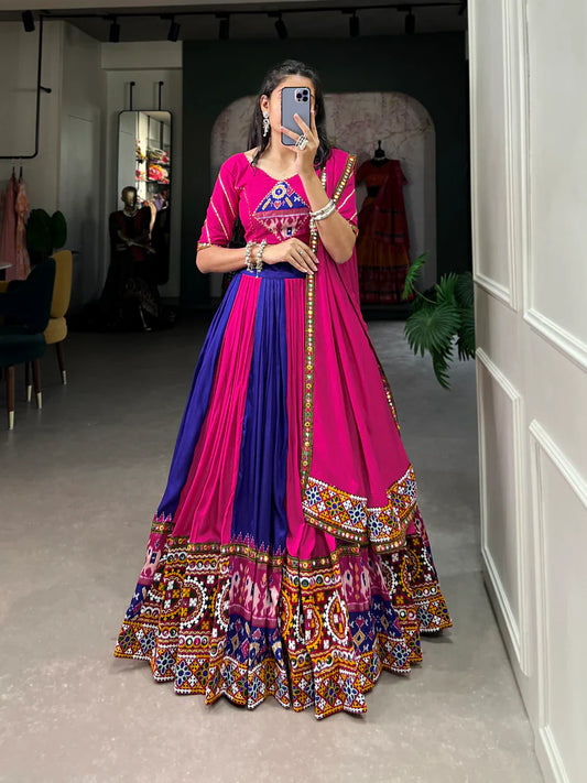 Royal Blue Vibrant Printed Silk Lehenga with Gamthi & Mirror Work