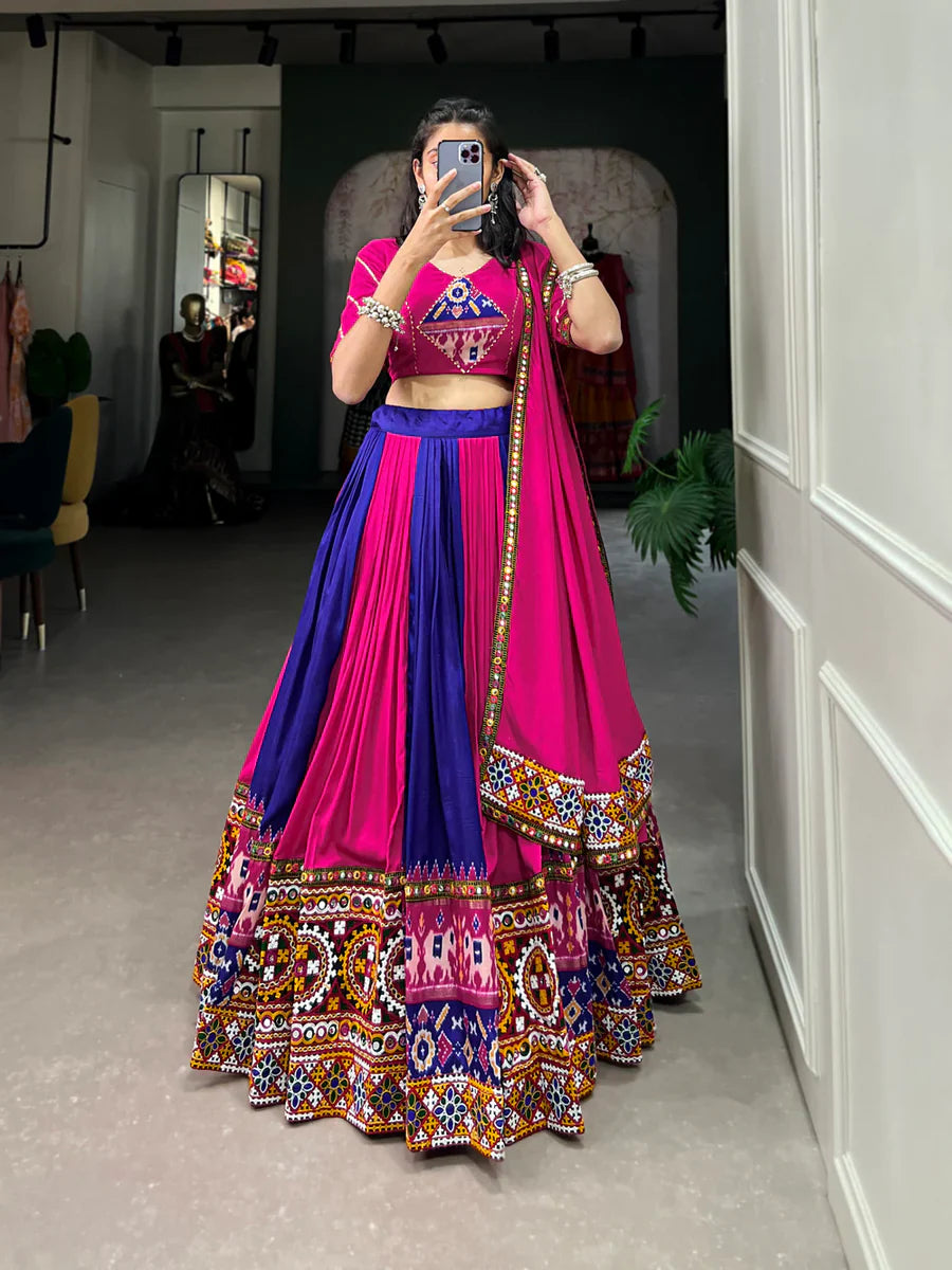 Royal Blue Vibrant Printed Silk Lehenga with Gamthi & Mirror Work