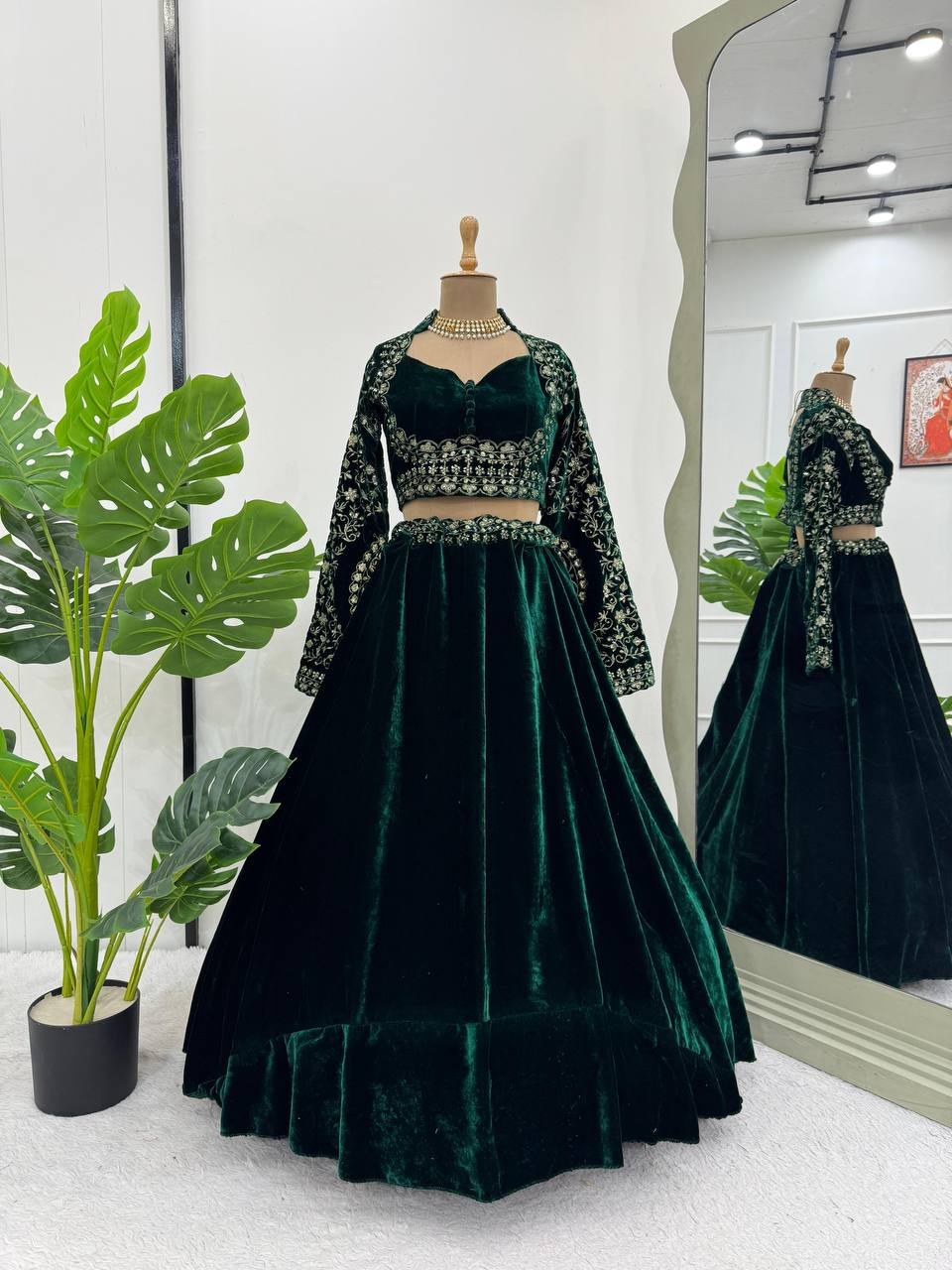 Royal Green Viscose Velvet Semi-Stitched Lehenga Set with All-Over Sequin Embroidery