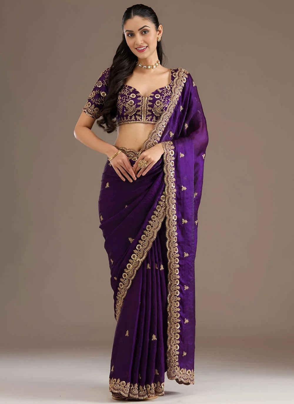 Royal purple designer tissue silk saree with zari dori diamond embroidery