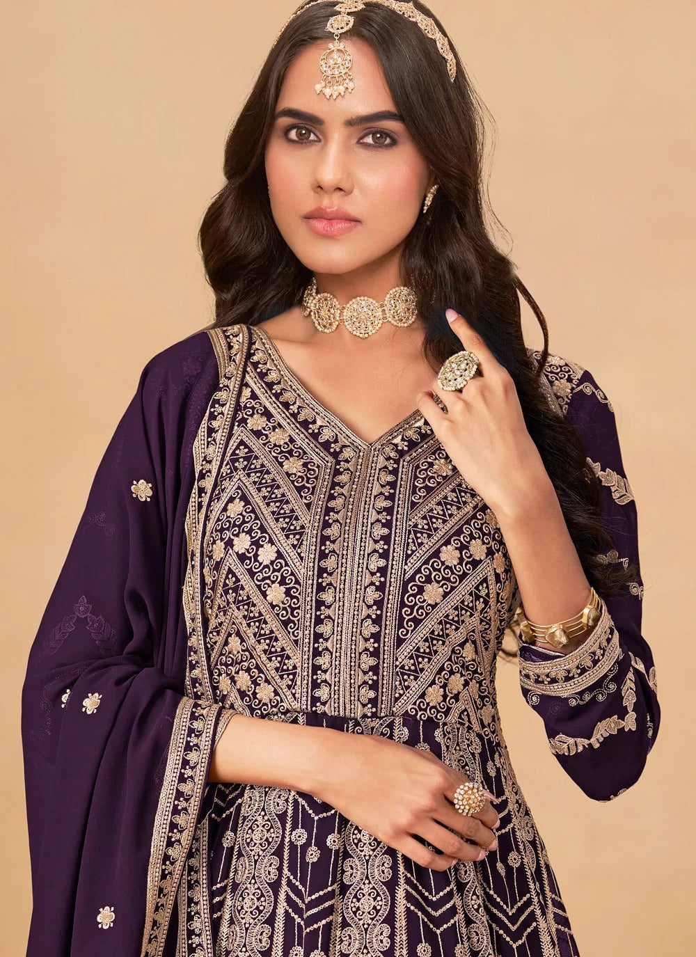 Royal purple faux georgette embroidered anarkali suit