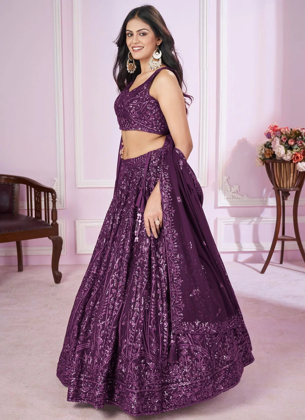 Royal purple georgette engagement lehenga with sequins embroidery work