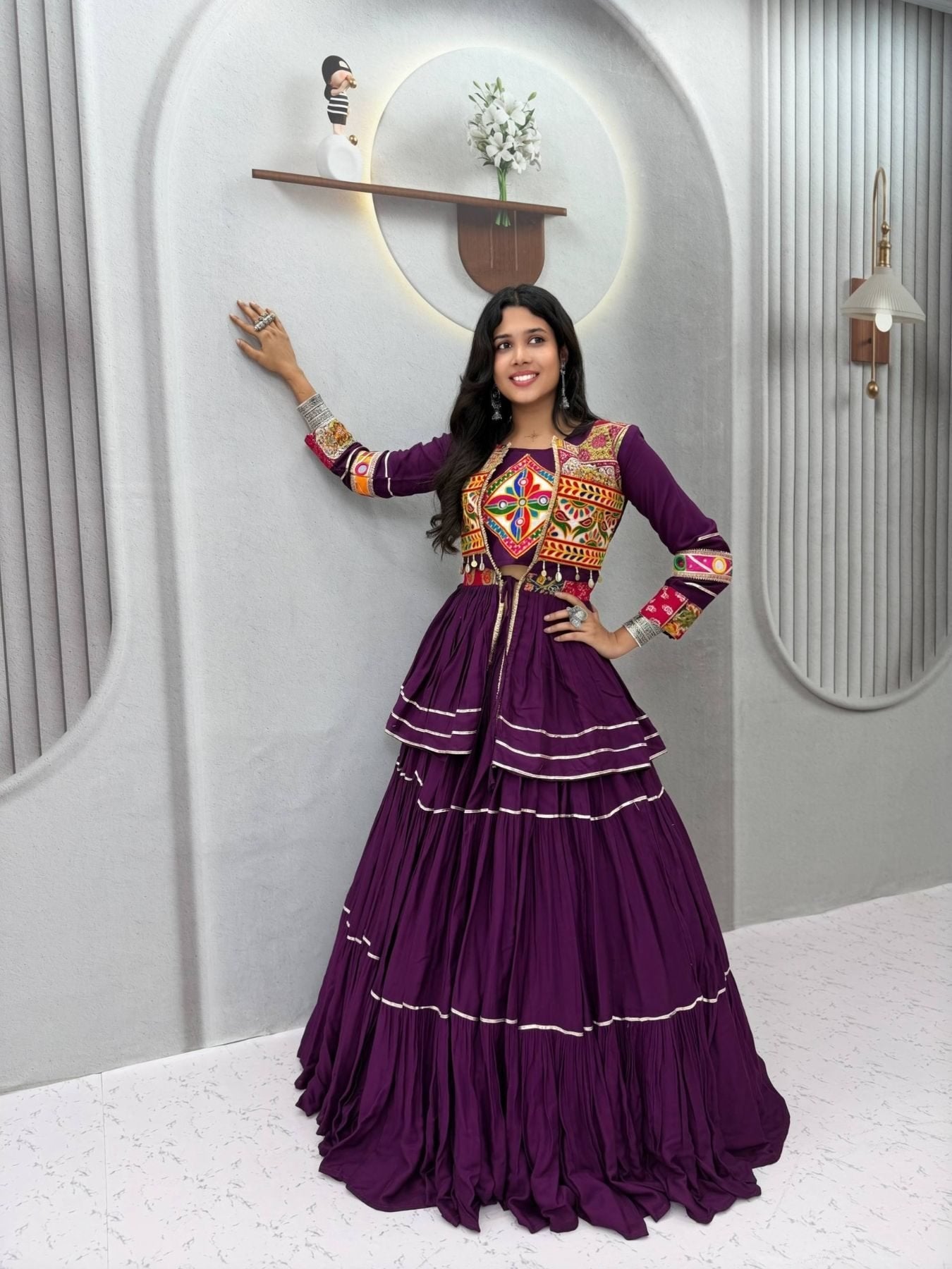 Navratri Gamthi Work Cotton Lehenga Choli with Koti and 9 Meter Flair