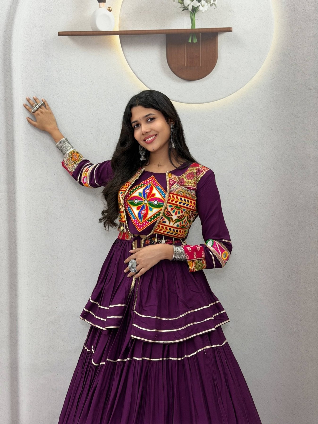 Navratri Gamthi Work Cotton Lehenga Choli with Koti and 9 Meter Flair