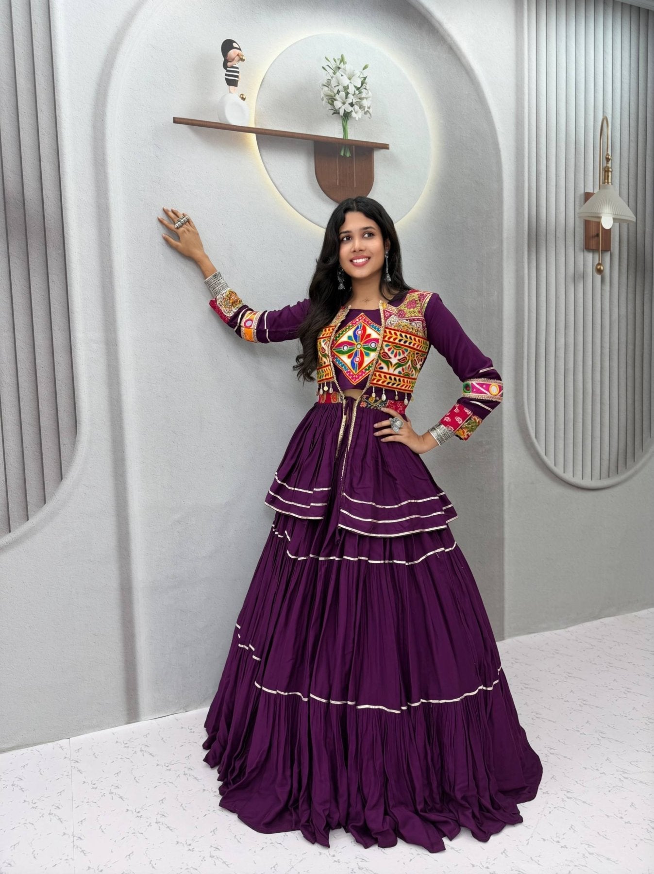 Navratri Gamthi Work Cotton Lehenga Choli with Koti and 9 Meter Flair