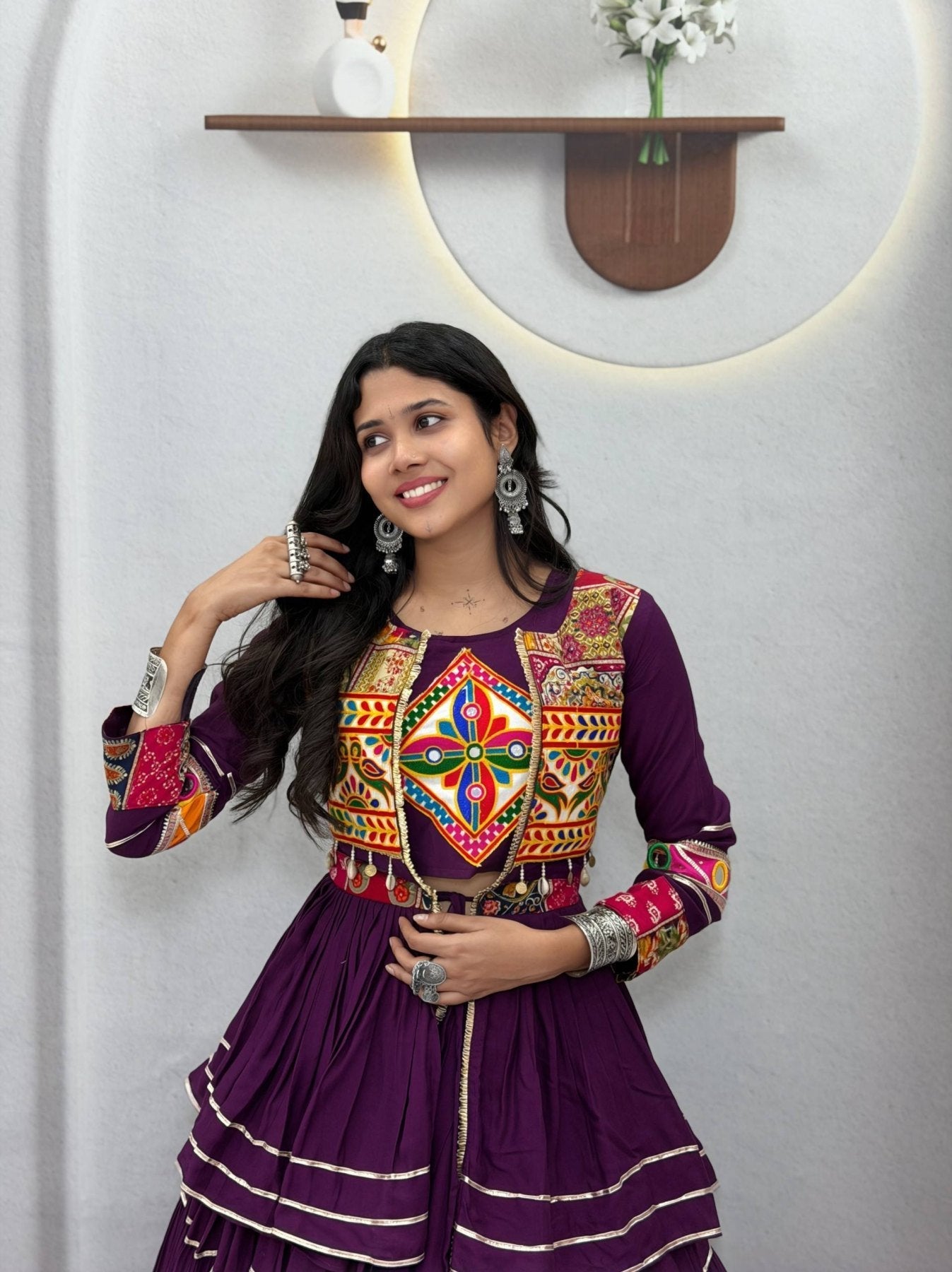 Navratri Gamthi Work Cotton Lehenga Choli with Koti and 9 Meter Flair