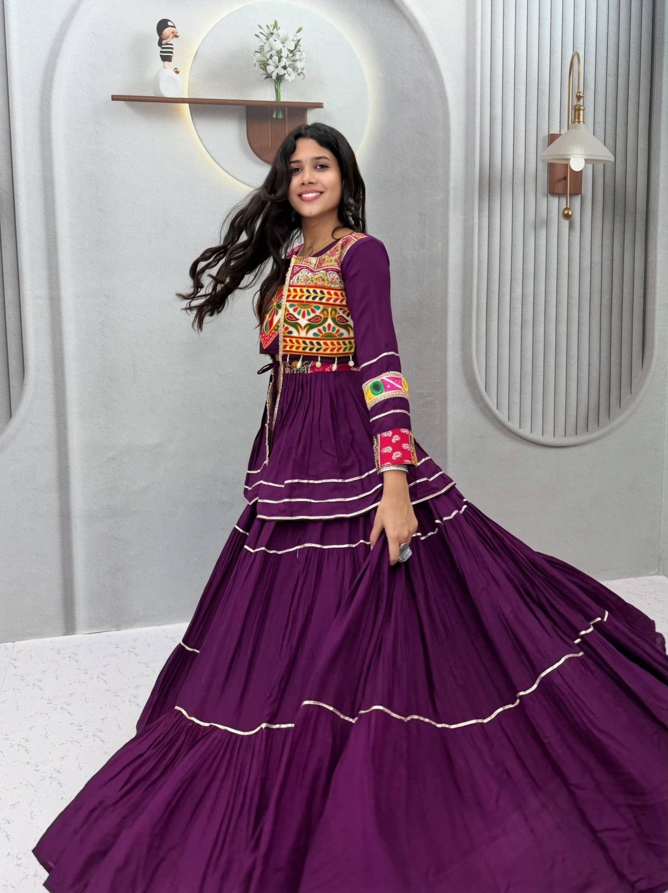 Navratri Gamthi Work Cotton Lehenga Choli with Koti and 9 Meter Flair