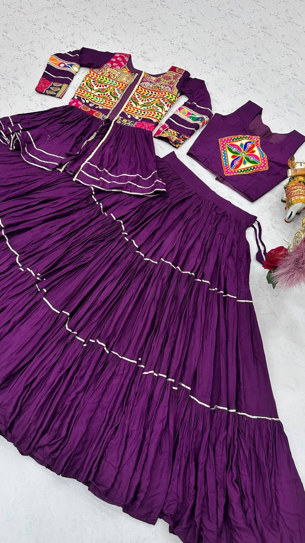 Navratri Gamthi Work Cotton Lehenga Choli with Koti and 9 Meter Flair