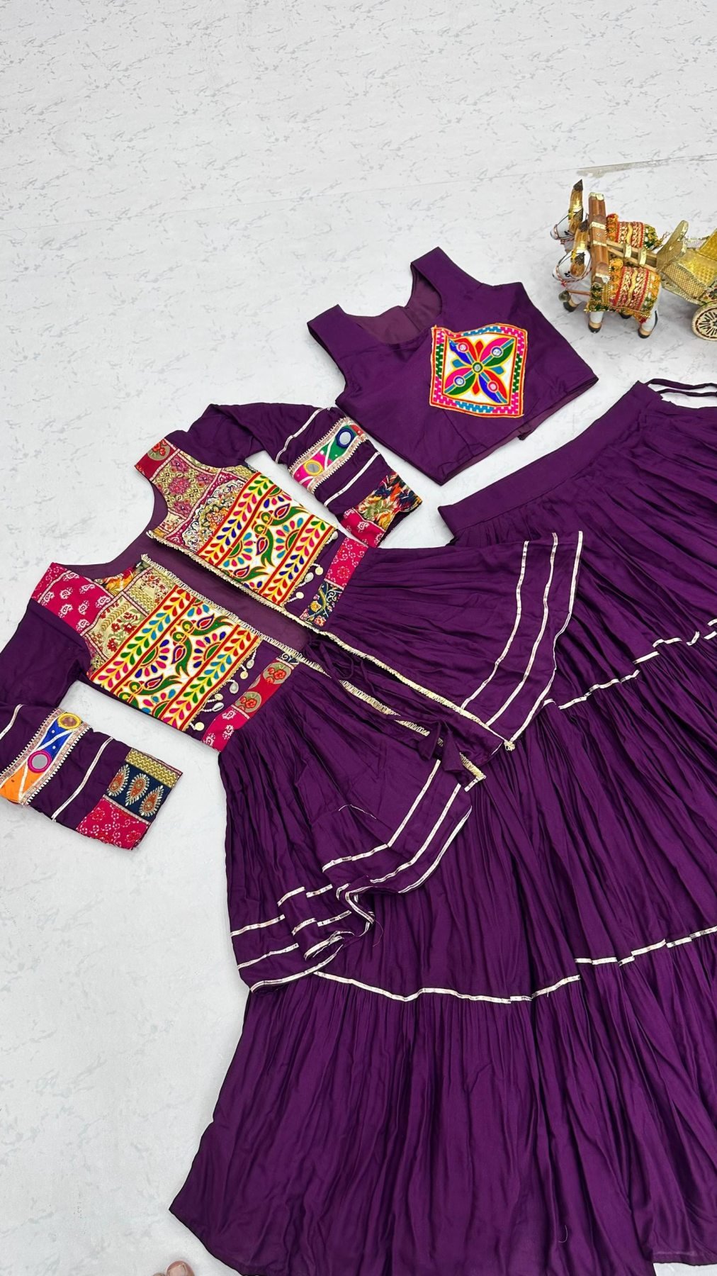 Navratri Gamthi Work Cotton Lehenga Choli with Koti and 9 Meter Flair