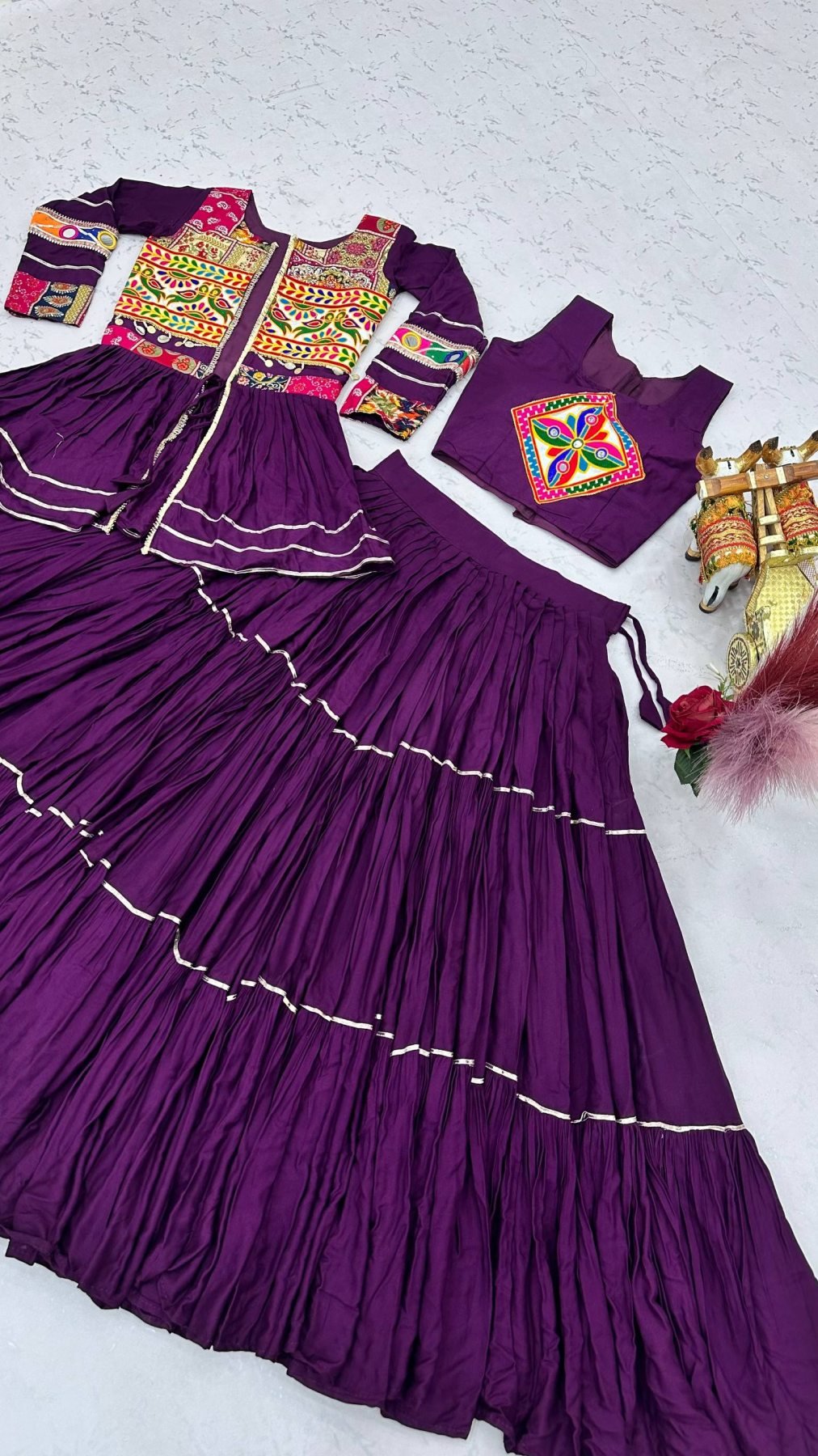 Navratri Gamthi Work Cotton Lehenga Choli with Koti and 9 Meter Flair