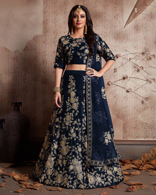 Royal Velvet Blue Lehenga Choli Set with Exquisite Jari Embroidery