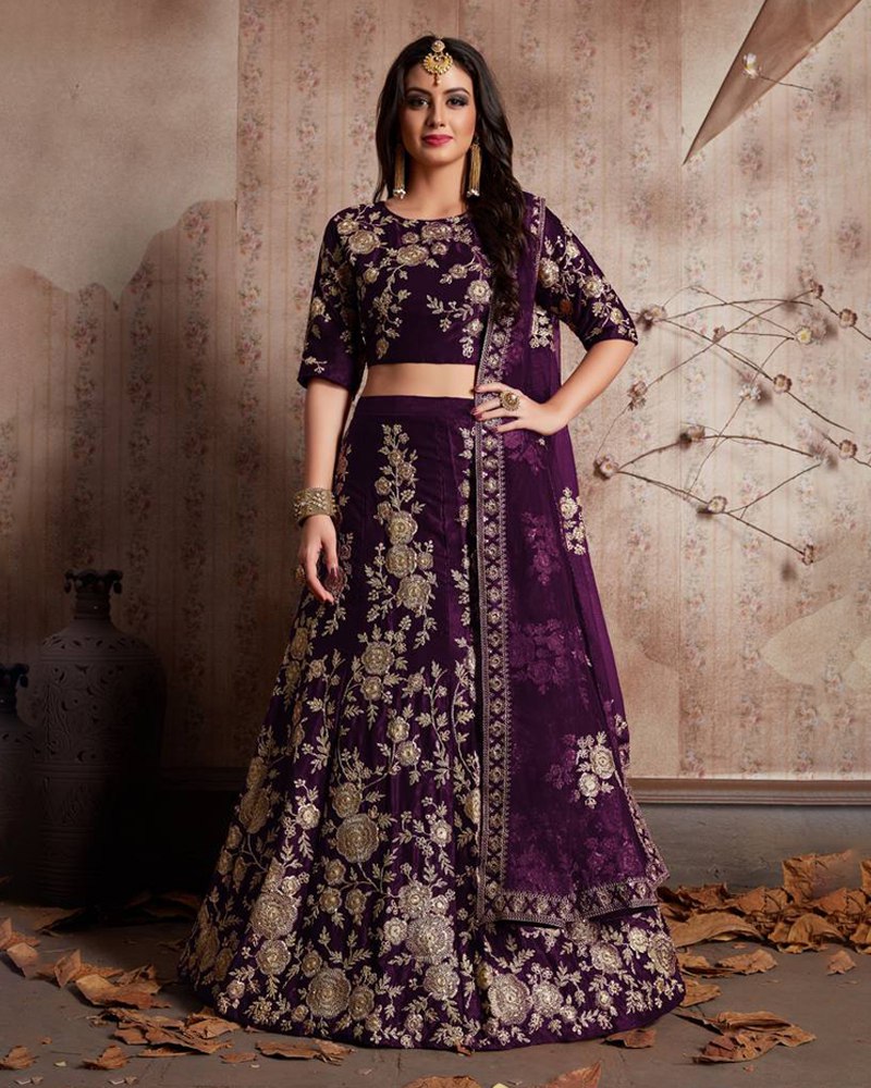 Royal Velvet Wine Lehenga Choli Set with Exquisite Jari Embroidery