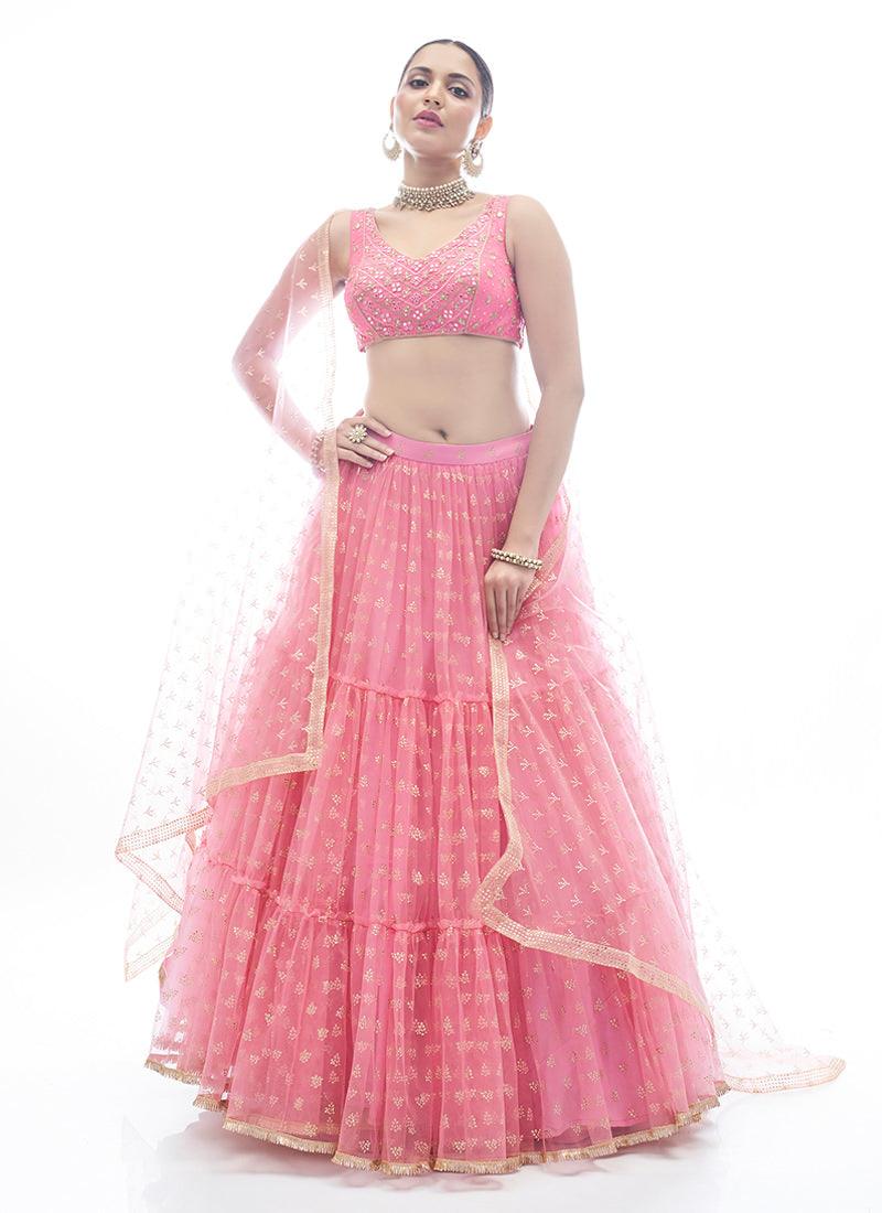 Rubber Print Baby Pink Net Chaniya Choli