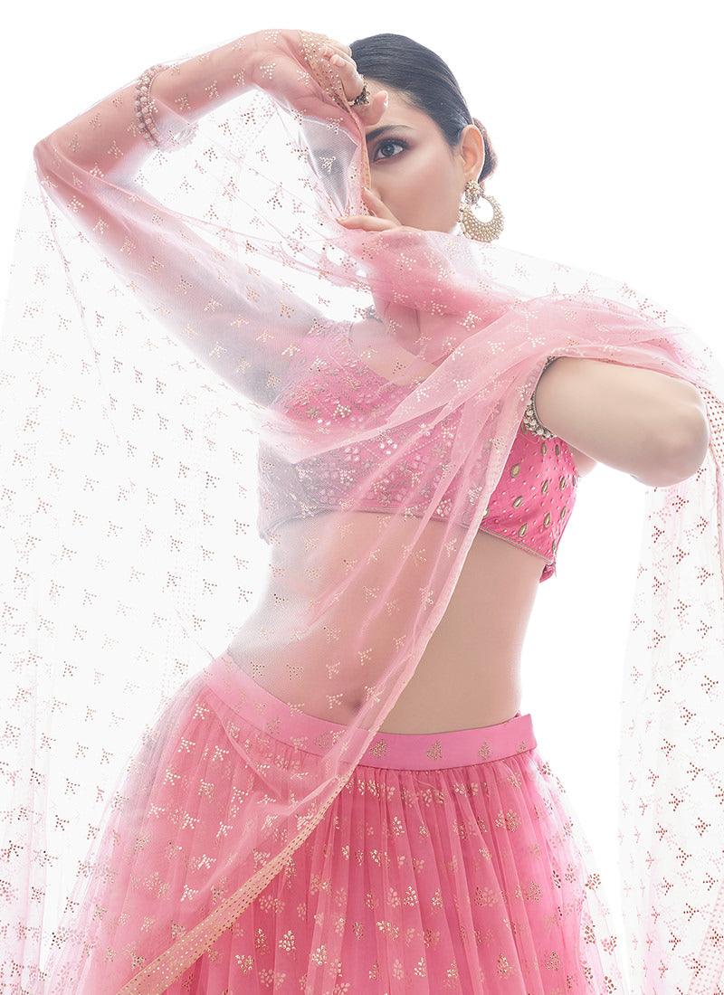 Rubber Print Baby Pink Net Chaniya Choli