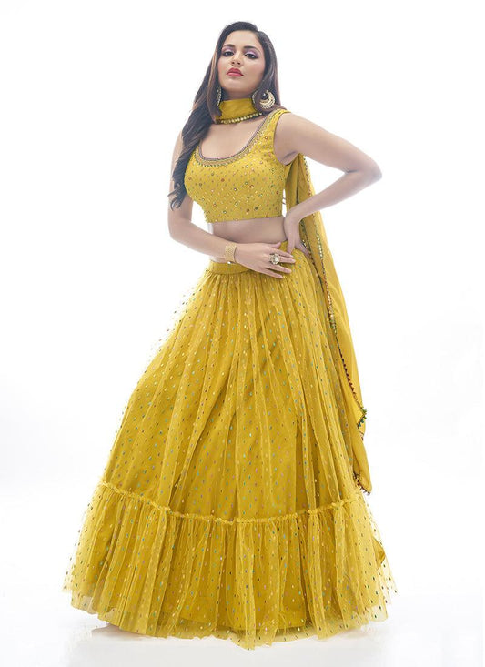 Rubber Print Mustard Net Chaniya Choli