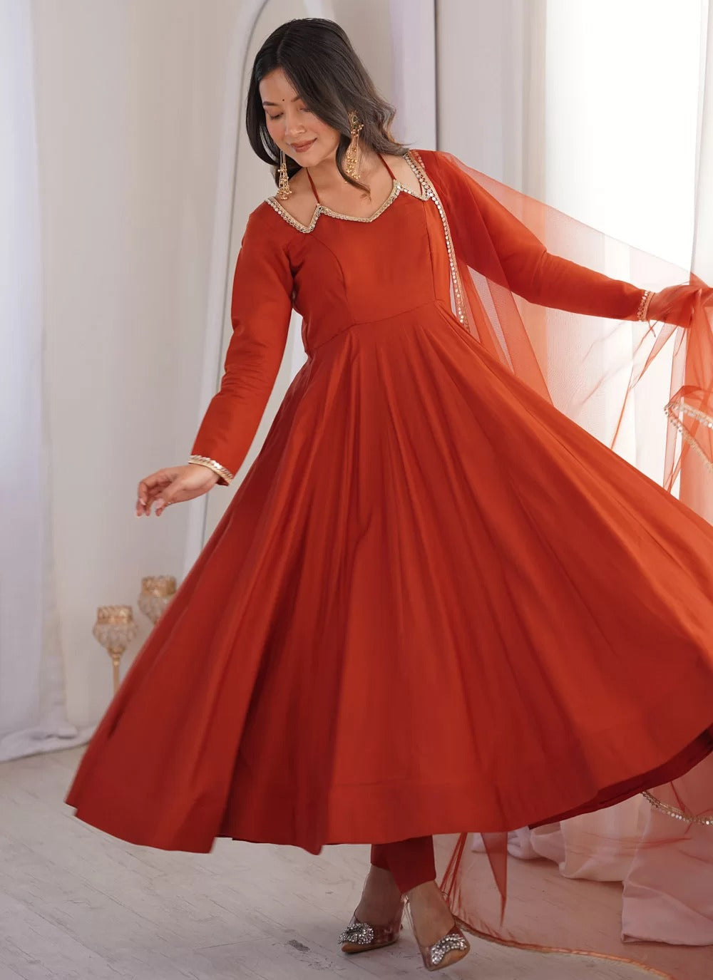 Rust roman silk chanderi anarkali suit with net dupatta for sangeet festive wear
