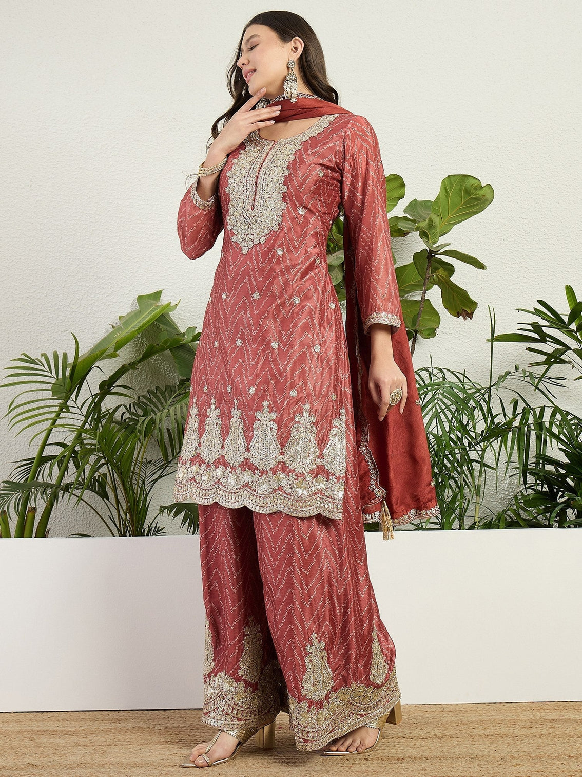 Rust Chinon Palazzo Set with Dupatta