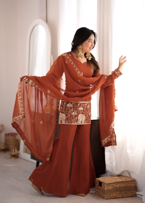 Rust Crunchy Silk Embroidered Suit Set