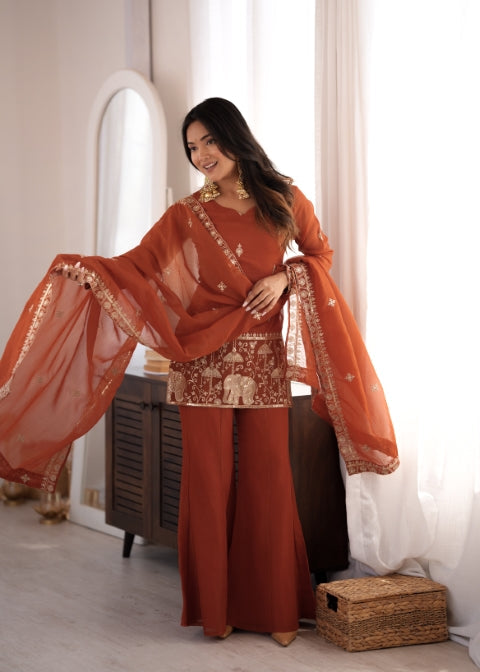 Rust Crunchy Silk Embroidered Suit Set