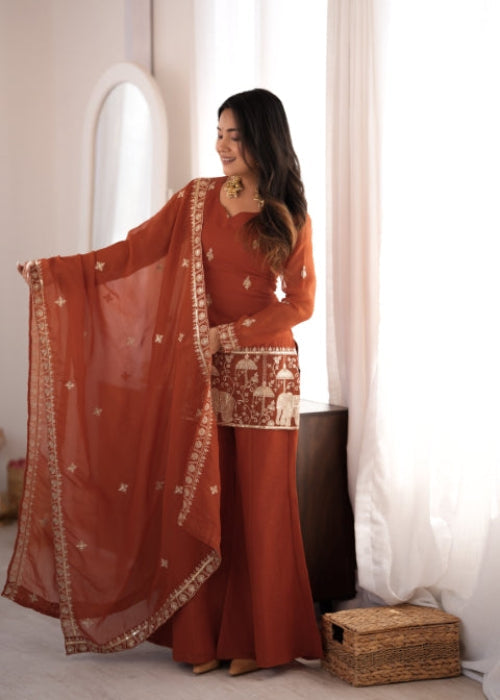 Rust Crunchy Silk Embroidered Suit Set