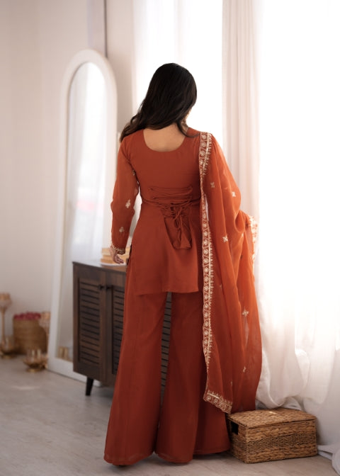 Rust Crunchy Silk Embroidered Suit Set