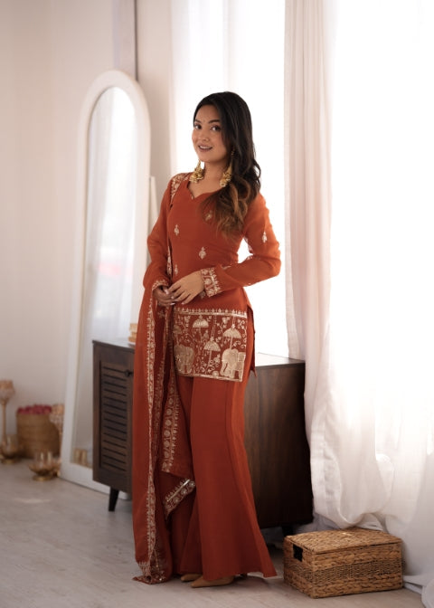 Rust Crunchy Silk Embroidered Suit Set