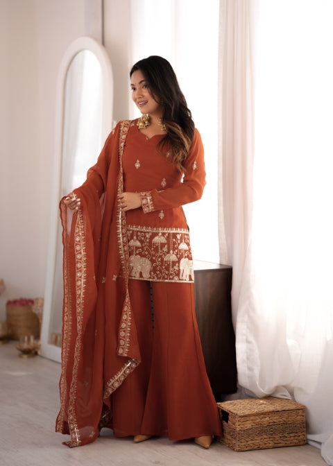 Rust Crunchy Silk Embroidered Suit Set