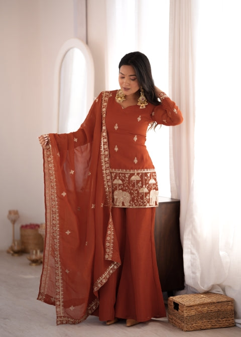 Rust Crunchy Silk Embroidered Suit Set